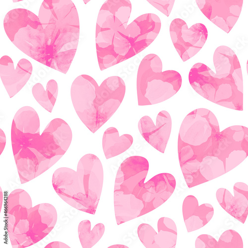 Delicate pink watercolor hearts with flowers on a white background  romantic seamless pattern. 