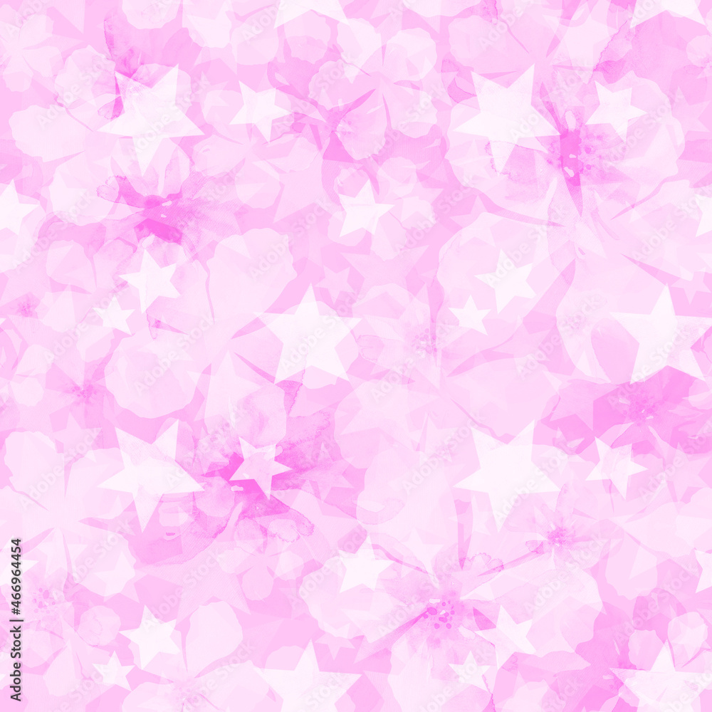 Delicate watercolor flowers and stars on a pink background, seamless floral pattern. 