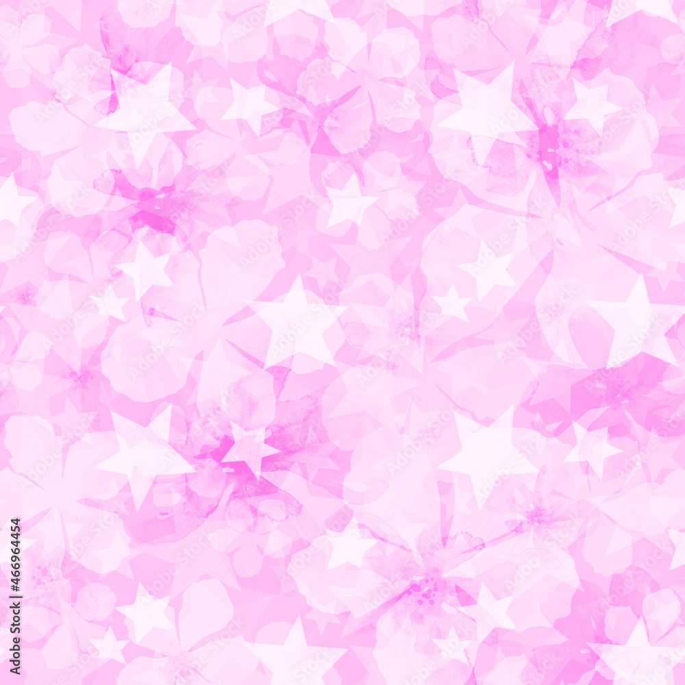 Delicate watercolor flowers and stars on a pink background, seamless floral pattern. Delicate watercolor flowers and stars on a pink background, seamless floral pattern.