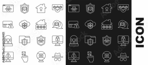 Set line Incognito mode, Lock on monitor, System bug, House under protection, Cloud and shield, Credit card, Browser incognito window and with password icon. Vector