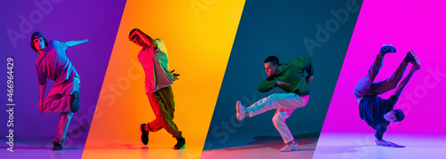 Collage with young sportive men, break dance, hip hop dancer practicing in casual clothes isolated over colorful background in neon