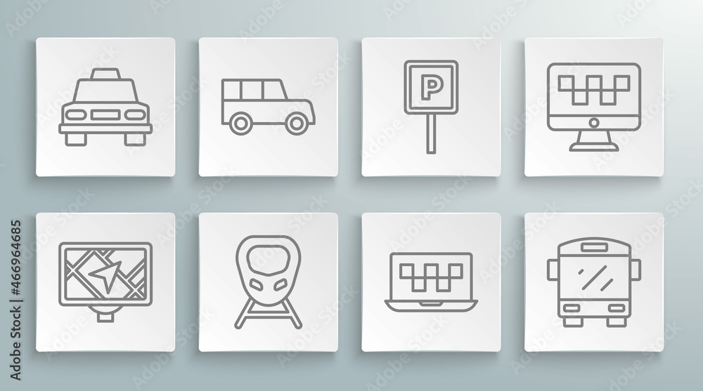 Set line Gps device with map, Car, High-speed train, Laptop call taxi service, Bus, Parking, Computer and Taxi car icon. Vector Set line Gps device with map, Car, High-speed train, Laptop call taxi service, Bus, Parking, Computer and Taxi car icon. Vector