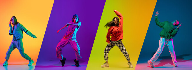 Collage with young sportive men and girls, break dance, hip hop dancer in action, motion isolated over colorful background in neon