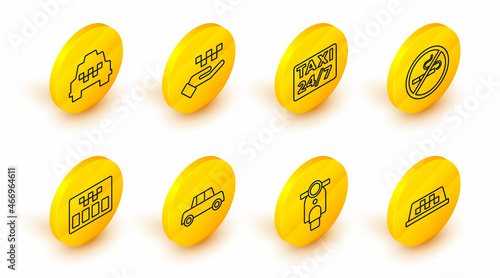 Set line Taxi car roof, Scooter, Car, Taximeter, No Smoking, Location with taxi, Hand and icon. Vector