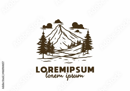 Mountain and pine trees line art illustration
