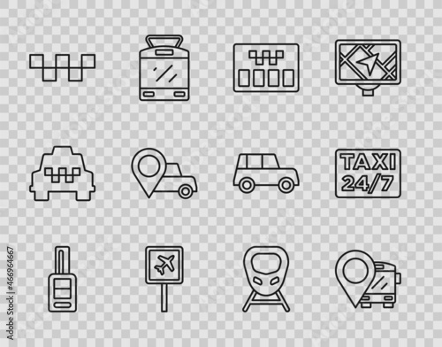 Set line Car key with remote, Location bus, Taximeter, Airport, car roof, taxi, High-speed train and icon. Vector