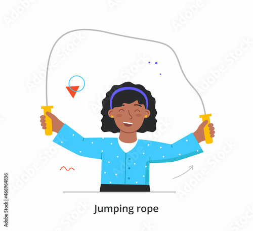 Girl jumps over rope concept. Child performs exercises with rope and conducts training. Young female character engaged in sports. Physical activity for teenagers. Cartoon flat vector illustration