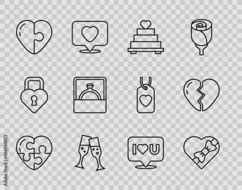 Set line Heart, Candy in heart shaped box, Wedding cake with, Glass of champagne, Diamond engagement ring, Speech bubble I love you and Broken icon. Vector