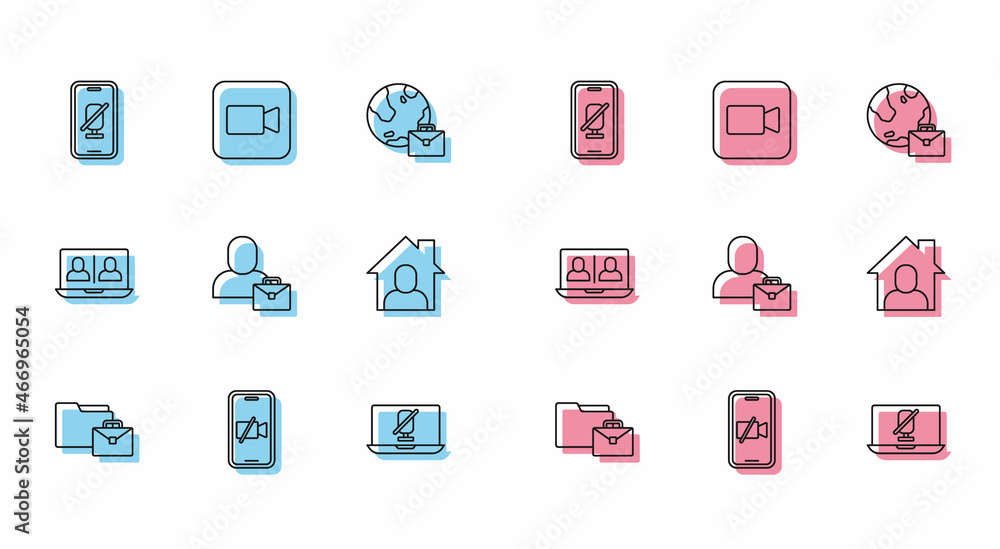 Set line Online working, Video camera Off on mobile, Mute microphone, laptop, Freelancer, chat conference and Camera icon. Vector Set line Online working, Video camera Off on mobile, Mute microphone, laptop, Freelancer, chat conference and Camera icon. Vector