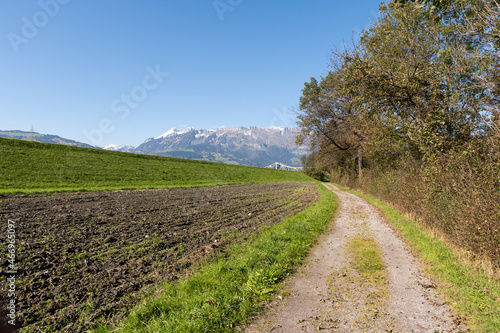Schaan, Liechtenstein, October 14, 2021 Arable field in an alpine scenery
