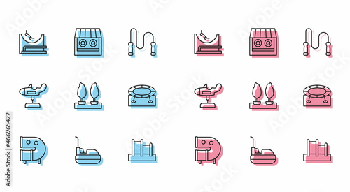Set line Kid playground slide pipe, Bumper car, Skate park, Horizontal bar, Forest, Jumping trampoline, Swing plane and Shooting gallery icon. Vector