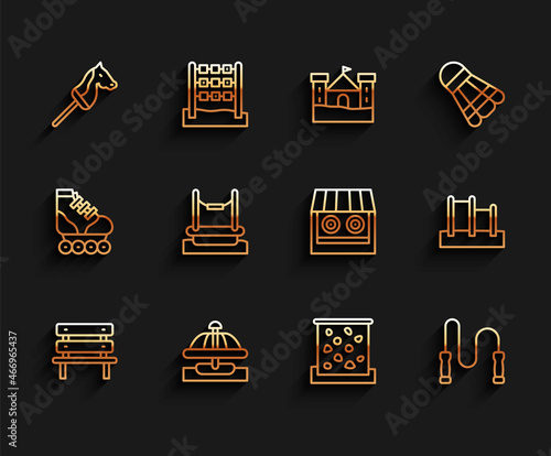 Set line Bench, Attraction carousel, Toy horse, Climbing wall, Jump rope, Bungee, Horizontal bar and Shooting gallery icon. Vector