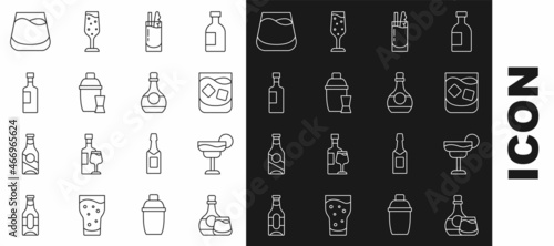Set line Whiskey bottle and glass, Cocktail, Glass of whiskey, Bloody Mary, shaker, Wine, and Bottle cognac or brandy icon. Vector