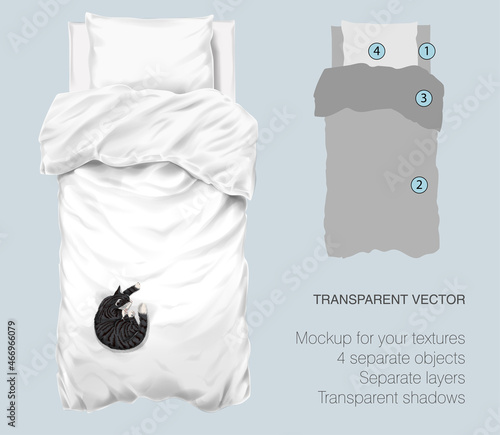Vector blank white bed mock up for your design and fabric textures. Pillows and blanket with transparent shadows. Gray cat slipping on the bed. View from the top.