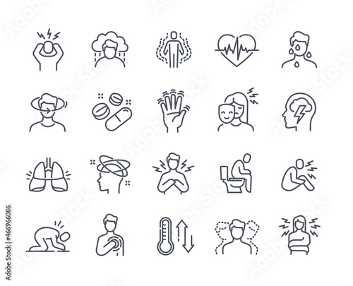 Panic disorder icon set. Thin simple stickers with people with headaches, depression, shock, stress, mental illness and clouding of mind. Cartoon flat vector collection isolated on white background photo
