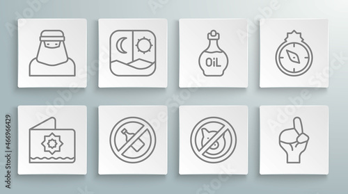 Set line Octagonal star, Ramadan fasting, No alcohol, pig, Hands praying position, Essential oil bottle, Qibla and Muslim woman niqab icon. Vector