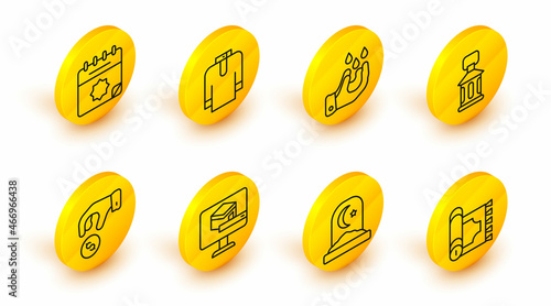 Set line Traditional carpet, Muslim cemetery, Kaaba mosque, Donate or pay your zakat, Ramadan Kareem lantern, Wudhu, Shirt kurta and calendar icon. Vector