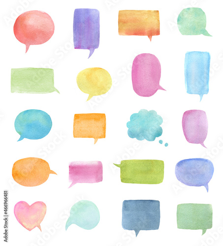 Set of watercolor blank speech bubble dialog shapes on white background
