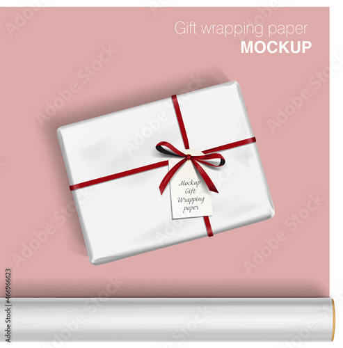 Vector gift wrapping paper rolls mock up and box with bow on light background. Template for your design with transparent shadows. 