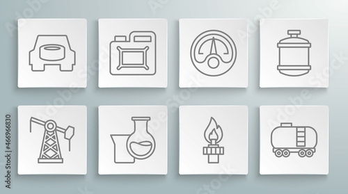Set line Oil pump or pump jack, Canister for motor oil, petrol test tube, rig with fire, railway cistern, Motor gas gauge, Propane tank and Spare wheel in the car icon. Vector
