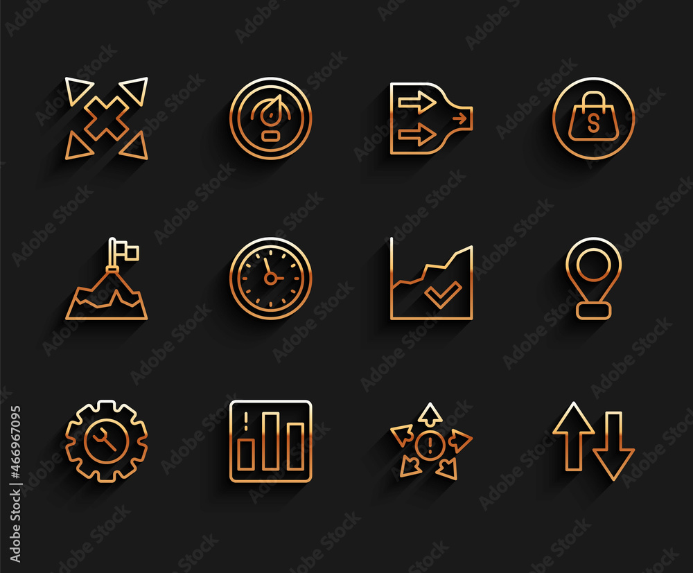 Set line Wrench and gear, Pie chart infographic, Many ways directional arrow, Arrow, Clock, Location and Financial growth increase icon. Vector