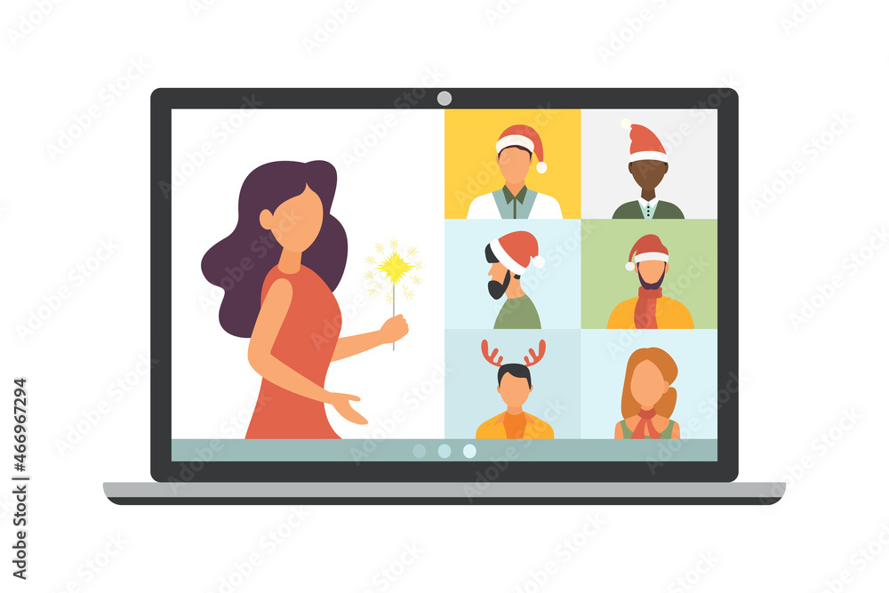 Fototapeta premium Christmas virtual meeting. Video call with friends at home. Vector illustration.