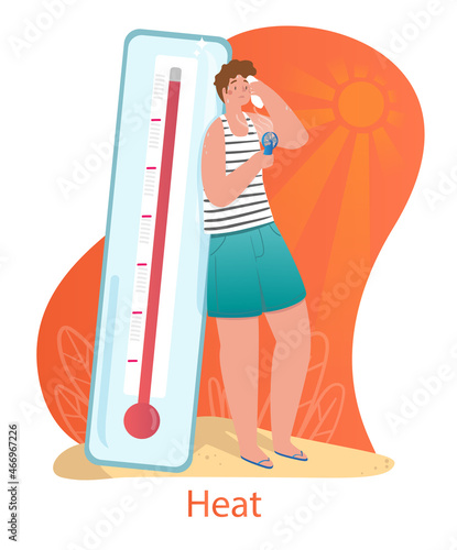 Hot weather concept. Young Man standing next to large thermometer, holding fan and wiping sweat from his face. Heat or high air temperature. Summer season. Cartoon modern flat vector illustration