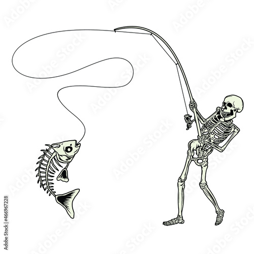 Skeleton fishing big bone fish cartoon illustration