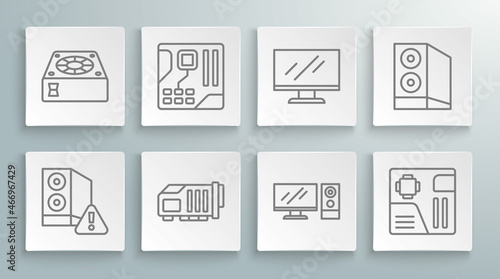 Set line Case of computer, Motherboard digital chip, Video graphic card, Computer monitor, screen, and cooler icon. Vector