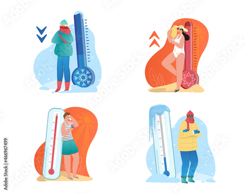 Meteorology thermometers set. Men and women in winter and summer season. Cold and warm weather. Characters in outerwear and swimwear. Cartoon flat vector collection isolated on white background