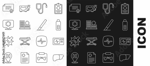 Set line Human organ liver, Monitor with cardiogram, Digital thermometer, IV bag, Hospital building, Location hospital, Certificate template and Surgery scalpel icon. Vector