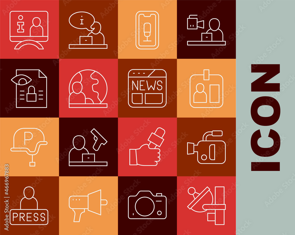 Set line Radar, Cinema camera, Journalist id card, Mobile recording, World news, Journalistic investigation, Television report and News icon. Vector Set line Radar, Cinema camera, Journalist id card, Mobile recording, World news, Journalistic investigation, Television report and News icon. Vector