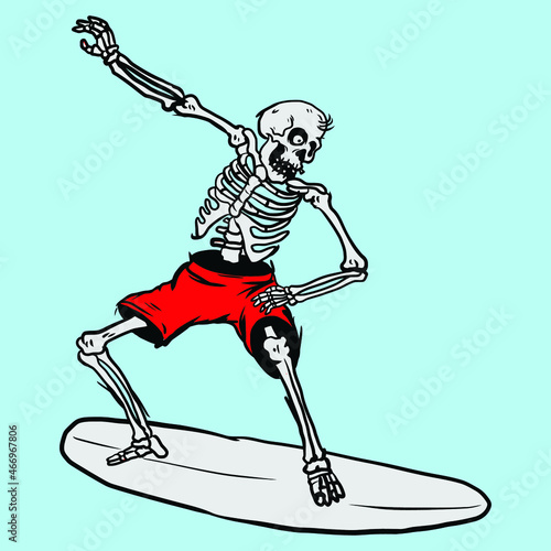 Skeleton with red pants surfing illustration photo