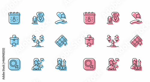 Set line Female gender, Love yourself, Calendar with 8 March, Money growth woman, Gender equality, Packaging of birth control pills, Work for female and Microphone icon. Vector
