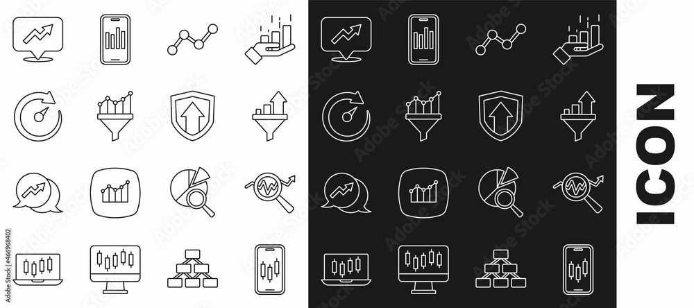 Set line Mobile stock trading, Search data analysis, Sales funnel with chart, Graph infographic, Digital speed meter, Financial growth and icon. Vector Set line Mobile stock trading, Search data analysis, Sales funnel with chart, Graph infographic, Digital speed meter, Financial growth and icon. Vector