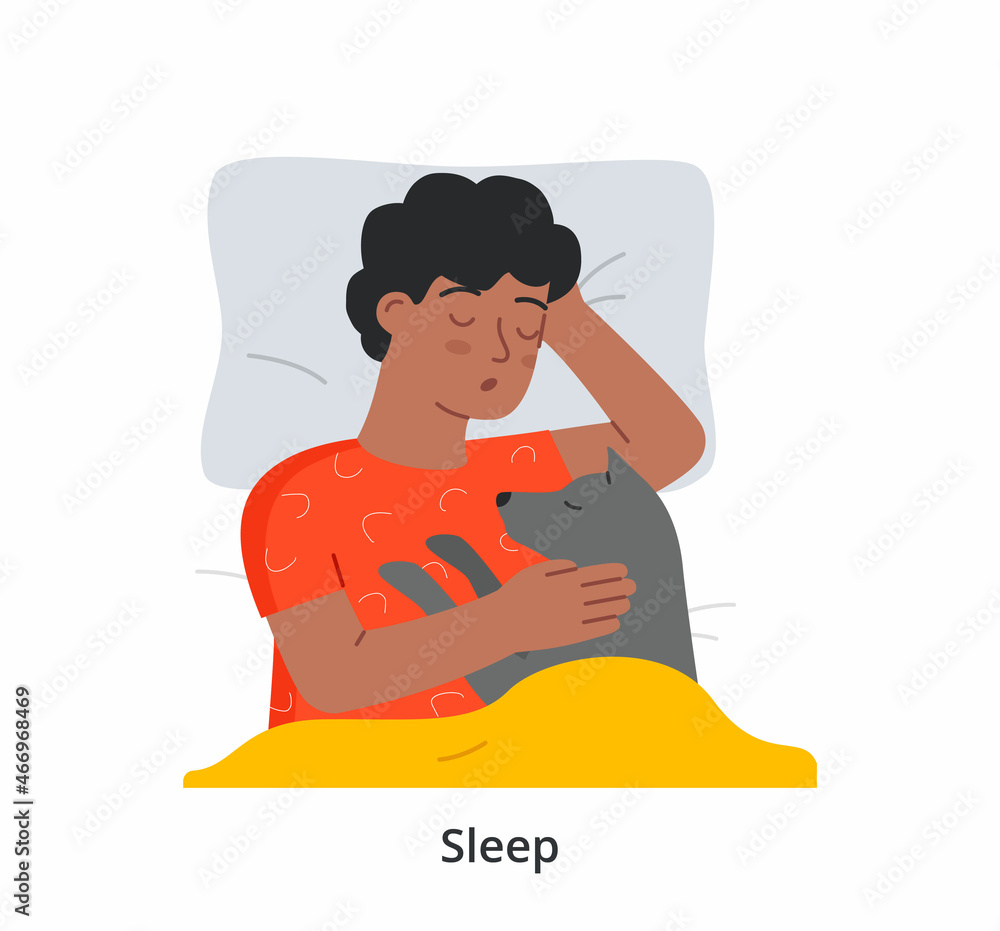 Man sleeps with dog concept. Male character lying on soft bed with pet and covered with blanket. Boy rests and relaxes at night. Deep sleep and pleasant dreams. Cartoon flat vector illustration