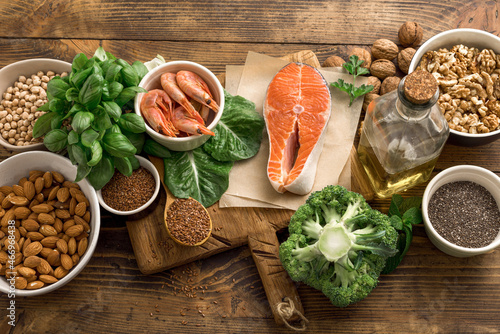Schilderij op canvas Set of food for healthy nutrition on a wooden background top view