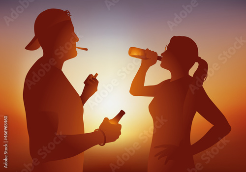 Concept de la lutte contre l’addiction au tabac et à l’alcool avec deux jeunes qui boivent de la bière en fumant des cigarettes ou de la drogue. photo