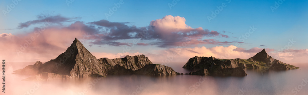 Aerial panoramic view of rocky island on the ocean. 3d Rendering. Cloudy Sunset Sky. Nature background panorama Aerial panoramic view of rocky island on the ocean. 3d Rendering. Cloudy Sunset Sky. Nature background panorama