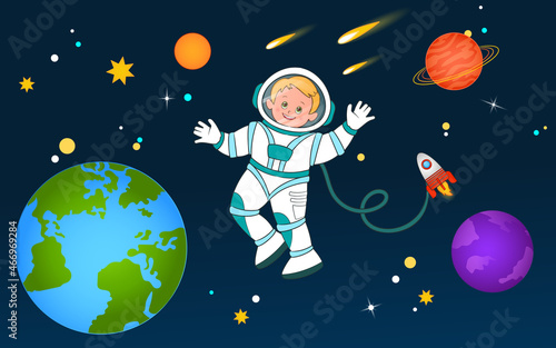 A young astronaut soars in open space against the background of the Earth, planets and stars. Vector illustration , cartoon style