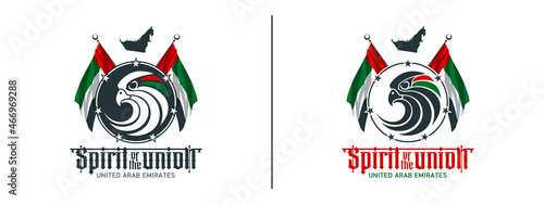 50 UAE national day logo with falcon head icon in the UAE flag colors illustration banner. Sign of United Arab Emirates 2 December Spirit of the union 50 National day Anniversary Celebration Card 2021