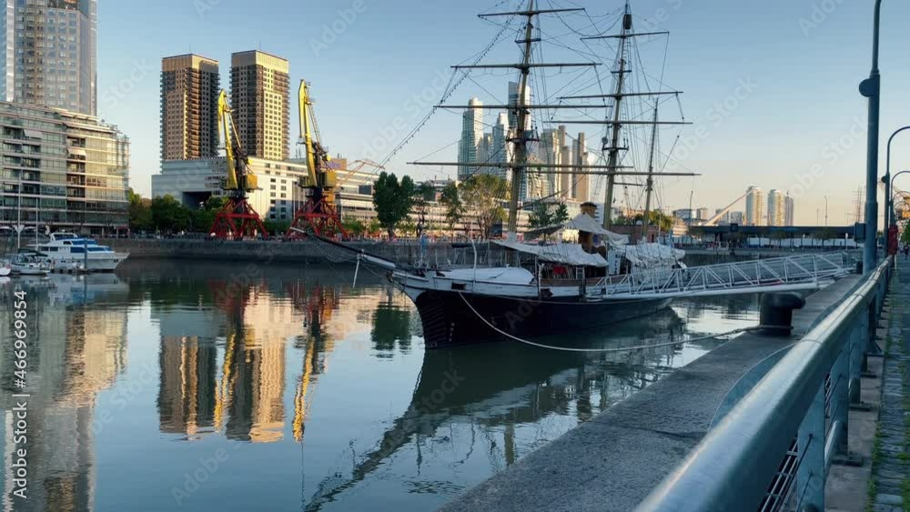 The Argentine Corvette ARA Uruguay, built in England in 1874, Moored at Puerto Madero, Buenos Aires, Argentina. 4K Resolution. The Argentine Corvette ARA Uruguay, built in England in 1874, Moored at Puerto Madero, Buenos Aires, Argentina. 4K Resolution.
