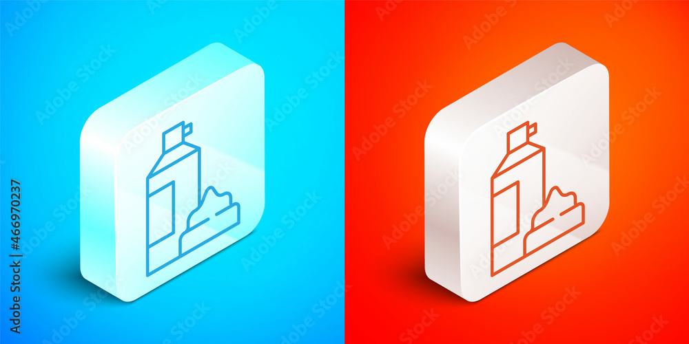 Isometric line Whipped cream in an aerosol can icon isolated on blue and red background. Sweet dairy product. Milk product and sweet symbol. Silver square button. Vector Isometric line Whipped cream in an aerosol can icon isolated on blue and red background. Sweet dairy product. Milk product and sweet symbol. Silver square button. Vector