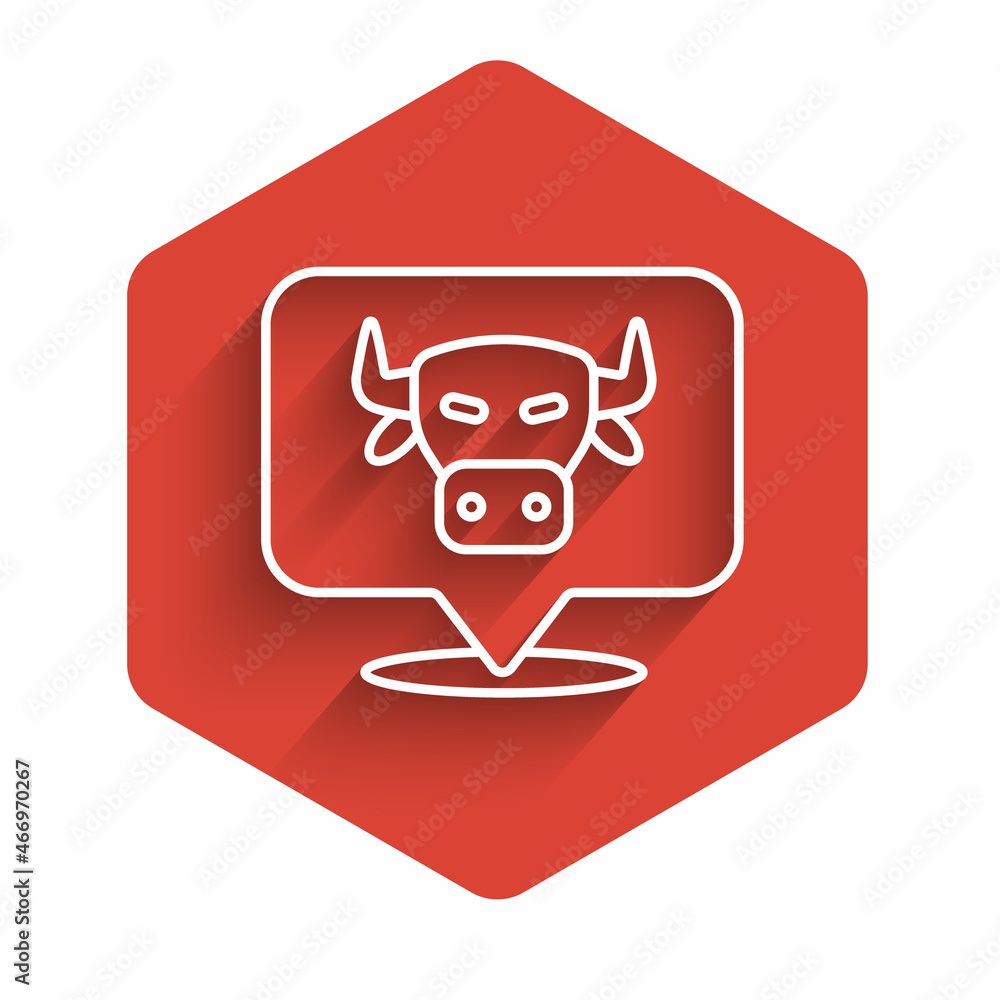 White line Cow head icon isolated with long shadow. Red hexagon button. Vector
