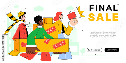 Final Sale Banner Design. People enjoying shopping and carries their purchases. Social media or website shopping banner, Christmas offer, seasonal sale, online shop advertisement with crowd of people