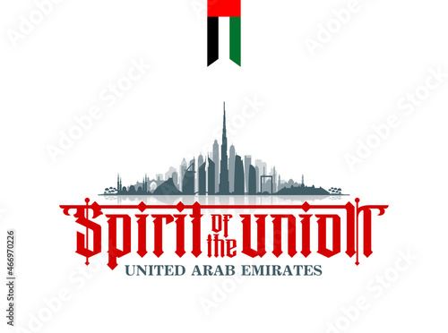 50 UAE National day flat paper style banner with UAE flag. Holiday card for 2 december 1971 - 2021, 50 National day United Arab Emirates Spirit of the union. Design with Dubai and Abu Dhabi silhouette