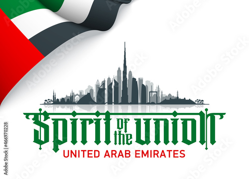 50 UAE National day flat paper style banner with UAE flag. Holiday card for 2 december 1971 - 2021, 50 National day United Arab Emirates Spirit of the union. Design with Dubai and Abu Dhabi silhouette