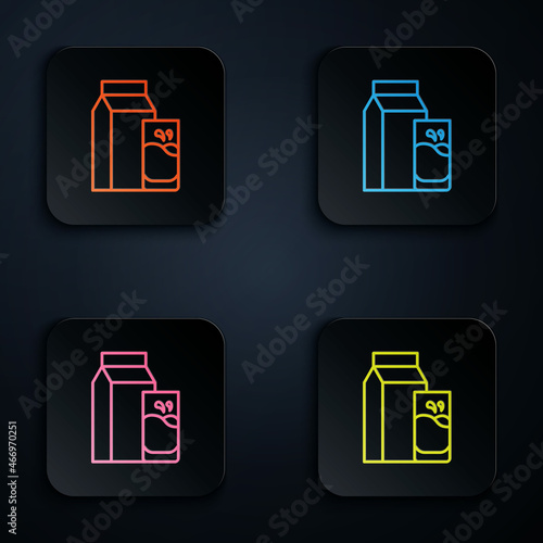 Color neon line Paper package for kefir and glass icon isolated on black background. Dieting food for healthy lifestyle and probiotics fulfillment. Set icons in square buttons. Vector