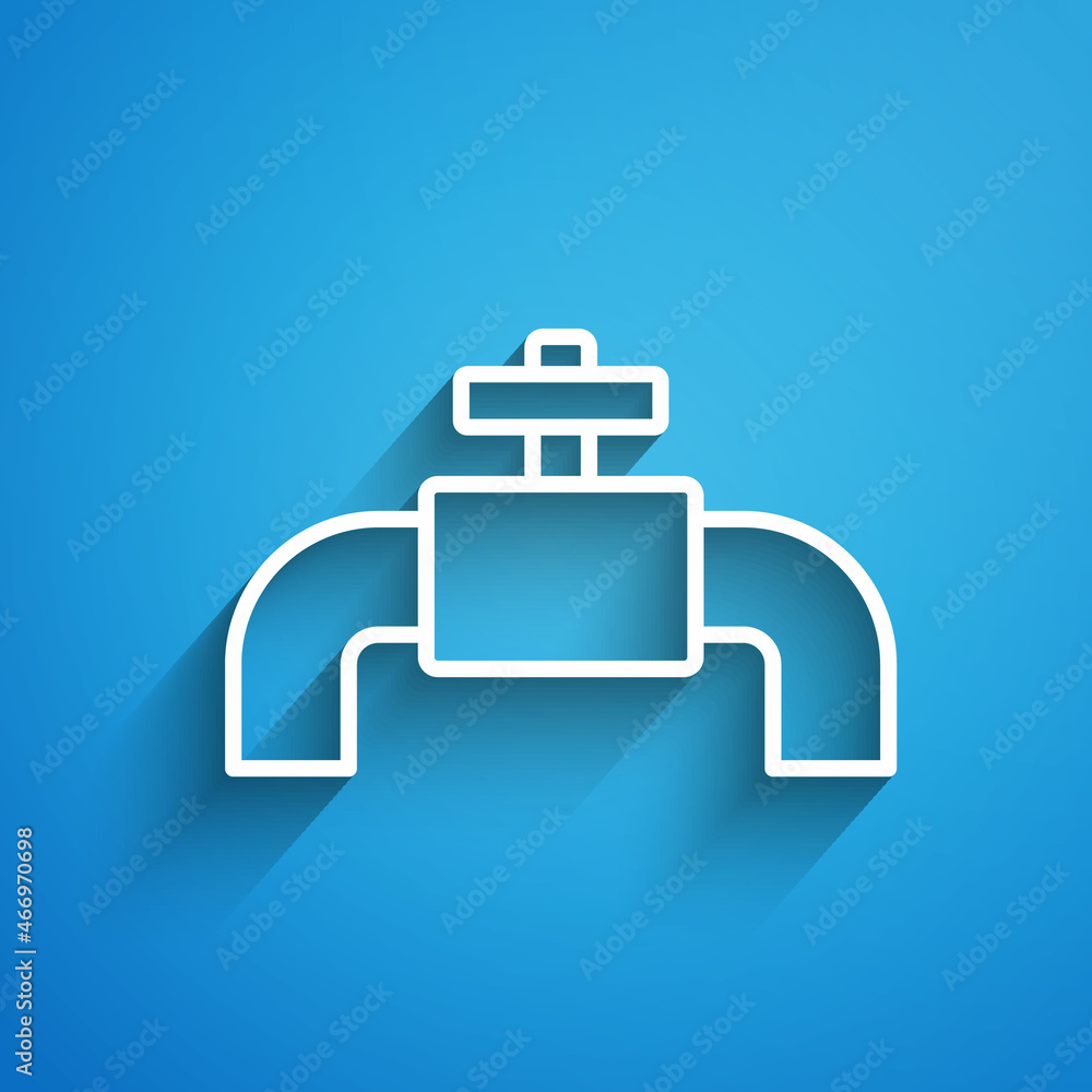 White line Industry metallic pipes and valve icon isolated on blue background. Long shadow. Vector White line Industry metallic pipes and valve icon isolated on blue background. Long shadow. Vector
