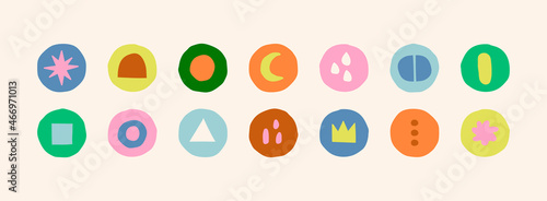 Set of Vector highlight covers. Abstract backgrounds. Various shapes, circles, simple objects, doodles. Cartoon style. Hand drawn templates. Round icons for social media stories. Perfect for bloggers